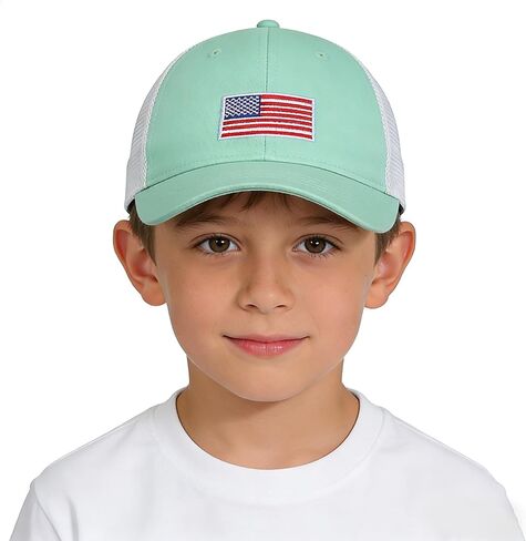Kids American Flag Baseball Cap Boys Girls Mesh Baseball Hat, Toddler Embroidery Trucker Hat for Age 3-14 Years in Kuwait
