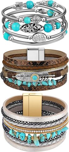 3 Pcs Turquoise Gold Beaded Bracelets for Women Western Bracelets Round Beads Dainty Bracelet Bohemian Jewelry in Kuwait