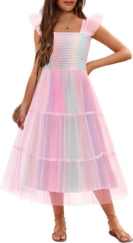 Arshiner Tween Girls Dress Ruffle Sleeve Elastic Straps Smocked A-Line Tulle Summer Long Patry Birthday Sundress in Saudi Arabia