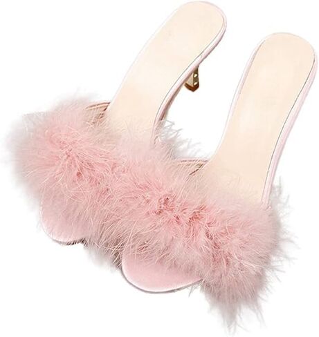 YIBLBOX Women's Round Toe Sandal Fluffy Feather Slippers Kitten Heeled Slippers in Kuwait