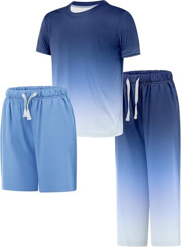 Cooraby 3 Pieces Teen Boys Pajs Short Sleeves Top, Shorts & Pants Soft Loose Fit Outfits with Drawstring Pockets for Summer in Kuwait