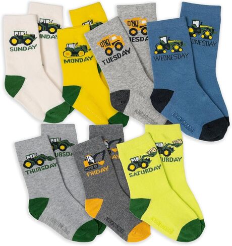 John Deere Truck 7 Pack Non-Slip Grip Crew Socks Infant to Little Kid Sizes (12-24 Months - 4-6) in Kuwait