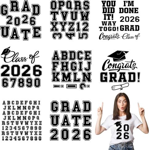 9 Sheet 2025 Graduation Iron On Decals Graduation Pattern Letter Number Patches Set Heat Transfer Blue Applique Decor for Fabric Graduation Gown Cap Toppers DIY Craft in Kuwait