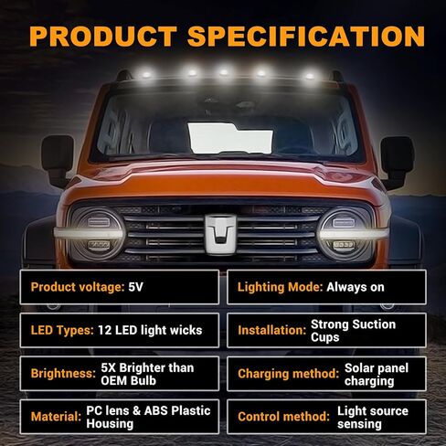 Solar Wireless No Drill Truck Cab Roof Lights with Motion Vibration Sensor IP67 Waterproof 5PCS Solar-Powered Luces para Techo de Carro in Kuwait