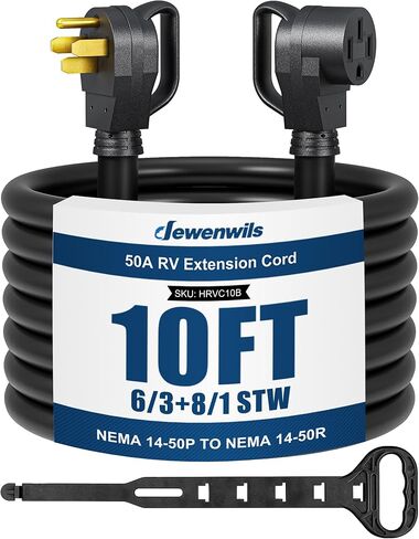 DEWENWILS 50 Amp RV Extension Cord, 125/250VAC 12500W Heavy Duty EV Power Cord, NEMA 14-50P to 14-50R 6/3+8/1 Copper Wire, STW Outdoor Waterproof Power Cable, for RV, EV, Camper, 10 Feet, ETL Listed in Kuwait