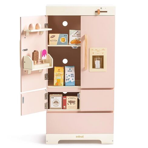 ROBUD Fridge Refrigerator with Ice Dispenser, Wooden Play Fridge Freezer Set for Kids, Toddler Kitchen Playset with Full Accessories Pretend Play Set, Gift for Boys & Girls, Age 3+ in Kuwait