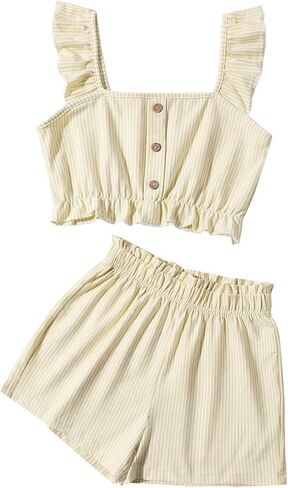 Girl's Summer Clothing Sets Knit Ruffle Striped T-Shirt and Shorts 2 Piece Outfits in Kuwait