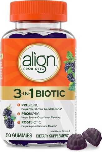 Align Probiotic, 3-in-1 Biotic Gummies, Prebiotic + Probiotic + Postbiotic, #1 Doctor Recommended Probiotic Brand‡, Helps Relieve Occasional Bloating*, BlackBerry Flavor, 50 Gummies in Kuwait