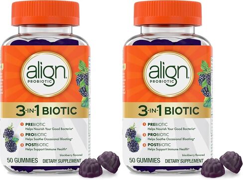 Align Probiotic, 3-in-1 Biotic Gummies, Prebiotic + Probiotic + Postbiotic, #1 Doctor Recommended Probiotic Brand‡, Helps Relieve Occasional Bloating*, BlackBerry Flavor, 50 Gummies in Saudi Arabia