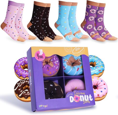 Pop Craze - 2 or 4 Pairs Doughnut Socks in a Box - 1 Size Fits Most. Novelty Food Socks, Funny Gift for Men and Women in Kuwait