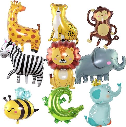 Safari Animal Balloons Set - 9 Giant Jungle Balloons (25-37in) for Kids' Birthday, Baby Shower, Wild One Themed Party Decorations, Includes Lion, Giraffe, Elephant, and More in Saudi Arabia