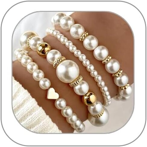 أساور لؤلؤة للنساء محاكاة لؤلؤة سوار من اللؤلؤ الأبيض قابلة للتكديس سوار تمتد مجموعة أساور لؤلؤة مرنة متعددة الطبقات للنساء مجوهرات الزفاف وصيفات الشرف in Kuwait