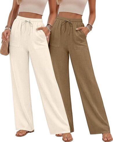 Neer 2 Pack Women's Linen Long Pants, Summer Drawstring Elastic Waist Flowy Straight Pant Casual Loose Beach Pant with Pocket in Kuwait