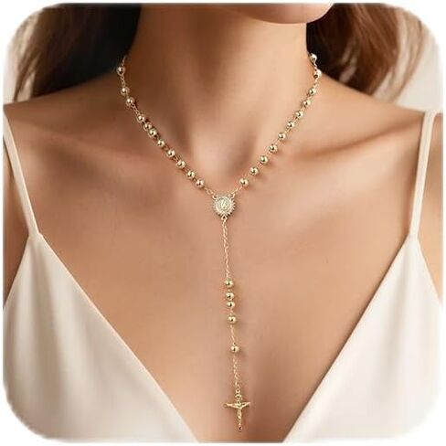 Women's Gold Virgin Mary Necklace - 14k Gold Plated Rosary Bead Cross Necklaces,Hypoallergenic Non Tarnish Gold Catholic Y Chain Necklace,Religious Rosary Beads Crucifix Necklaces Jewelry Gift for Her in Kuwait