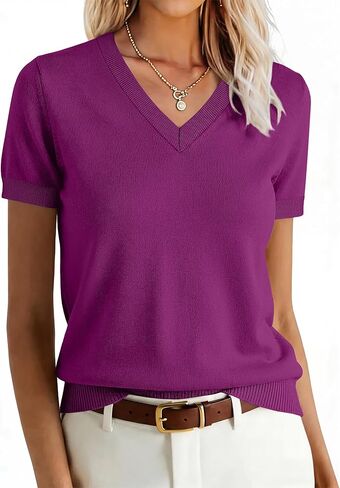 ANRABESS Women’s Wool Blend Tops Short Sleeve V Neck Soft Business Dressy Casual Pullover Sweater 2025 Trendy Outfits in Kuwait