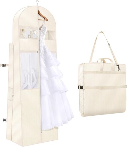 KEEGH Wedding Dress Garment Bag, 72" Tri-fold Bridal Dress Bags for Gowns, With Accessory Pockets and Adjustable Buckle Dress Cover for Wedding/Prom/Travel/Closet Storage (Beige) in Kuwait