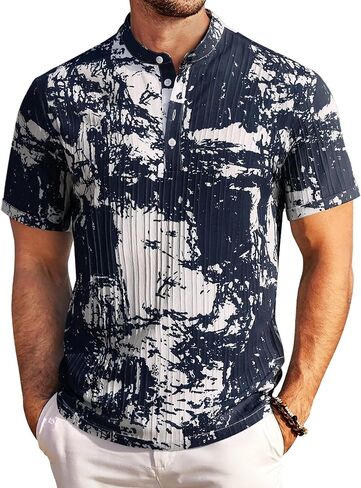COOFANDY Men Casual Henley Tee Shirt Short Sleeve Band Collar Summer Beach Textured T-Shirt in Kuwait