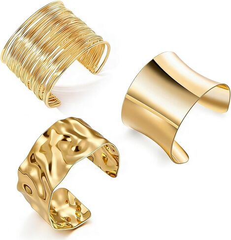 3PCS Gold Chunky Cuff Bracelets for Women Irregular Minimalist Statement Bangle Bracelets Set Open Wide Bangle Arm Cuff Upper Arm Punk Jewelry in Kuwait