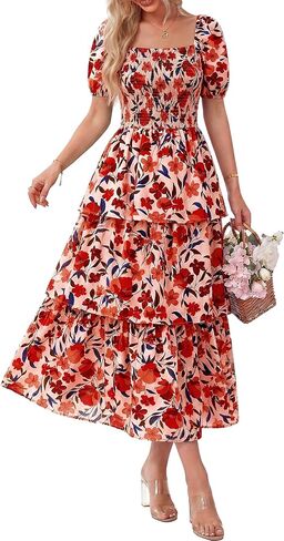BTFBM Womens Square Neck Smocked Dress Summer Puff Short Sleeve Floral Casual Ruffle Tiered Maxi Wedding Guest Dresses in Saudi Arabia