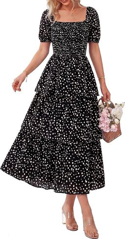 BTFBM Womens Square Neck Smocked Dress Summer Puff Short Sleeve Floral Casual Ruffle Tiered Maxi Wedding Guest Dresses in Kuwait