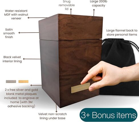 RedwoodStudio Premium Large Black Wood Urn for Human Ashes Adult Male Solid | Wooden Keepsake Box for Memorial Cremation Ash | Up to 220 lbs Cremains Capacity | Includes Bag and Engraving Plaques | in Kuwait