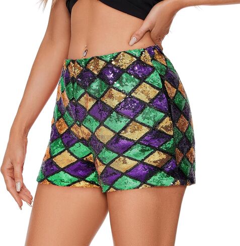 Zando Elastic High Waist Sequins Shorts for Women Solid Glitter Straight Leg Hot Bottom for New Year Disco Party Club Concert in Kuwait