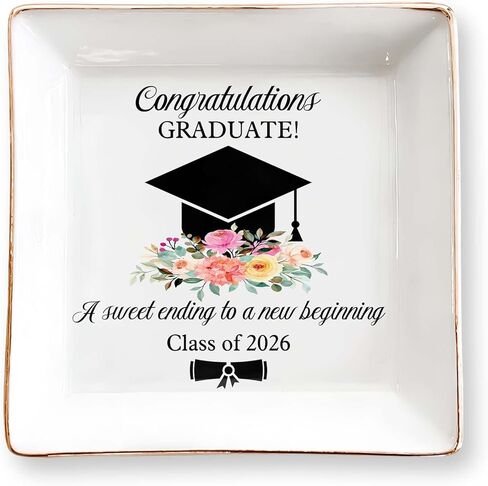 Graduation Gift for Her 2025– 4" Ceramic Jewelry Tray Dish with Cap & Flowers– Class of 2025 Gift for Daughter, Sister, Friend– High School, College or University Graduate Keepsake, Jewelry Dish Gift in Kuwait