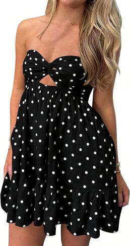 Womens Strapless Mini Dress Twist Knot Front Cut Out Babydoll Dress Smocked Backless Ruffle Hem Tube Dresses in Saudi Arabia
