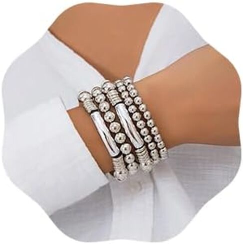Jumwrit 5pcs Layered Beaded Bracelets Set for Women Dainty Stretch Elastic Round Ball Beads Chain Tube Bangle Bracelets Boho Stackable Bracelets Trendy Jewelry for Girls in Kuwait
