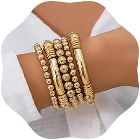 Jumwrit 5pcs Layered Beaded Bracelets Set for Women Dainty Stretch Elastic Round Ball Beads Chain Tube Bangle Bracelets Boho Stackable Bracelets Trendy Jewelry for Girls in Kuwait
