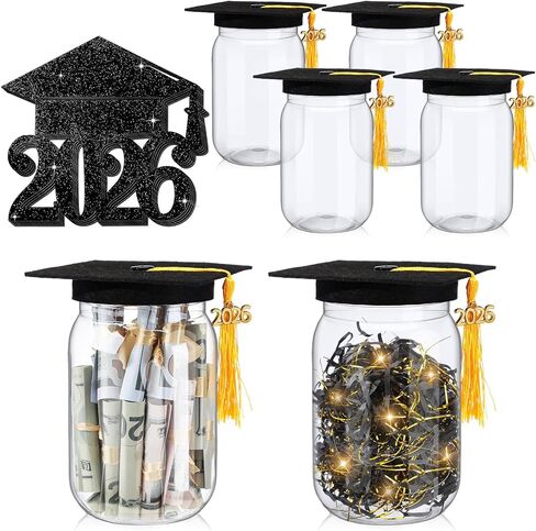 4 مجموعة 4 مجموعة 2025 هدايا التخرج من فئة ديكورات ماسون جرة لعام 2025 جراد كاب أموال الجرار 16 أونصة مع قبعات التخرج وتهنئة رافيا لزخارف حزب الدراسات العليا 2025 in Kuwait