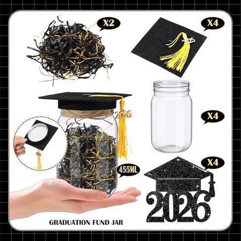 4 مجموعة 4 مجموعة 2025 هدايا التخرج من فئة ديكورات ماسون جرة لعام 2025 جراد كاب أموال الجرار 16 أونصة مع قبعات التخرج وتهنئة رافيا لزخارف حزب الدراسات العليا 2025 in Kuwait