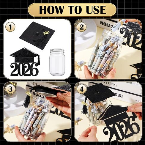 4 مجموعة 4 مجموعة 2025 هدايا التخرج من فئة ديكورات ماسون جرة لعام 2025 جراد كاب أموال الجرار 16 أونصة مع قبعات التخرج وتهنئة رافيا لزخارف حزب الدراسات العليا 2025 in Kuwait