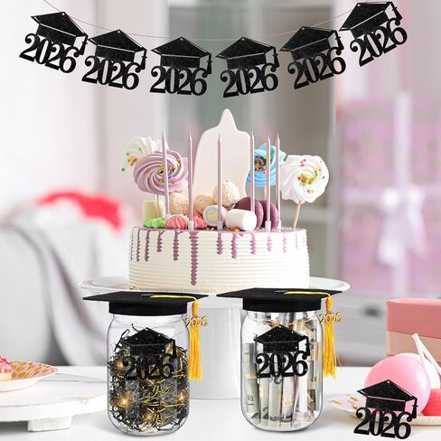 4 مجموعة 4 مجموعة 2025 هدايا التخرج من فئة ديكورات ماسون جرة لعام 2025 جراد كاب أموال الجرار 16 أونصة مع قبعات التخرج وتهنئة رافيا لزخارف حزب الدراسات العليا 2025 in Kuwait