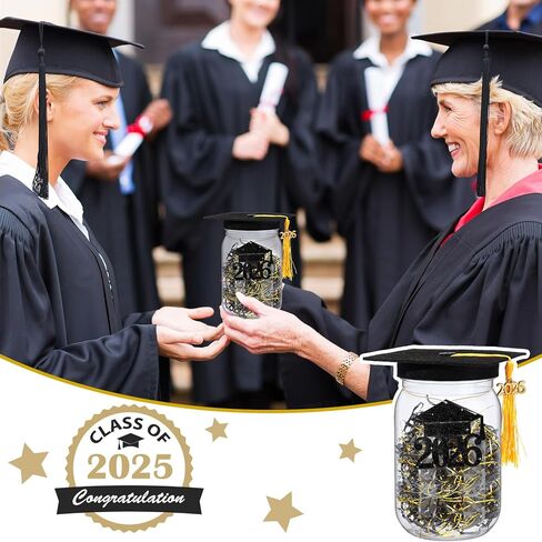 4 مجموعة 4 مجموعة 2025 هدايا التخرج من فئة ديكورات ماسون جرة لعام 2025 جراد كاب أموال الجرار 16 أونصة مع قبعات التخرج وتهنئة رافيا لزخارف حزب الدراسات العليا 2025 in Kuwait
