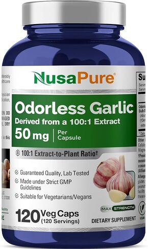 NusaPure Odorless Garlic 100:1 Extract, 50 mg Equivalent to 5000mg Capsule | 120 Veggie Caps | High Potency | Herbal Supplement | Non-GMO in Kuwait