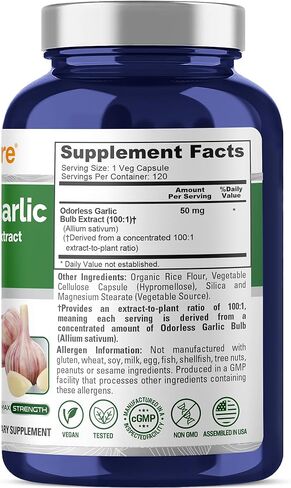 NusaPure Odorless Garlic 100:1 Extract, 50 mg Equivalent to 5000mg Capsule | 120 Veggie Caps | High Potency | Herbal Supplement | Non-GMO in Kuwait