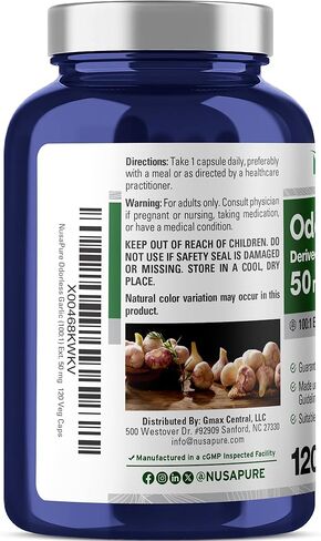 NusaPure Odorless Garlic 100:1 Extract, 50 mg Equivalent to 5000mg Capsule | 120 Veggie Caps | High Potency | Herbal Supplement | Non-GMO in Kuwait
