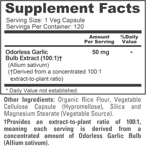 NusaPure Odorless Garlic 100:1 Extract, 50 mg Equivalent to 5000mg Capsule | 120 Veggie Caps | High Potency | Herbal Supplement | Non-GMO in Kuwait