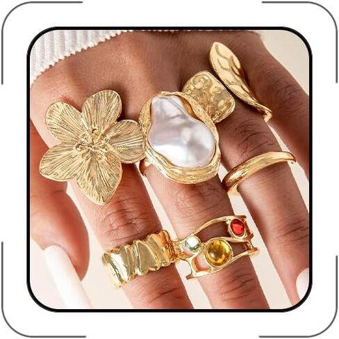 Gold Silver Rings for Women Pearl Colorful Rhinestone Waterproof Chunky Silver Ring Non Tarnish Gold Ring Set Stackable Statement Rings Adjustable Open Fashion Jewelry in Kuwait