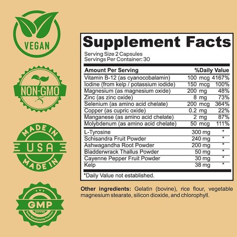 Thyroid Support Supplement with Iodine, Kelp, Ashwagandha, Selenium & Zinc – Supports Energy, Metabolism & Thyroid Health – L-Tyrosine, Schisandra & Bladderwrack – 60 Capsules in Kuwait