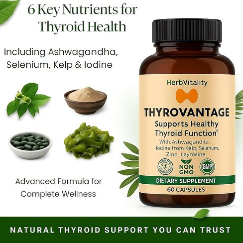 Thyroid Support Supplement with Iodine, Kelp, Ashwagandha, Selenium & Zinc – Supports Energy, Metabolism & Thyroid Health – L-Tyrosine, Schisandra & Bladderwrack – 60 Capsules in Kuwait