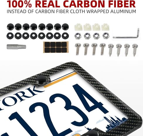 License Plate Frame for Car with Stainless Steel Screws Caps, Rattle Proof Pad,4 Holes 12.25" x 6.25" (100% Carbon Fiber Frame) in Kuwait