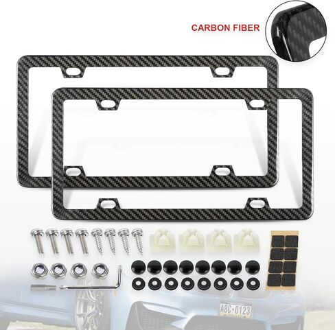License Plate Frame for Car with Stainless Steel Screws Caps, Rattle Proof Pad,4 Holes 12.25" x 6.25" (100% Carbon Fiber Frame) in Kuwait