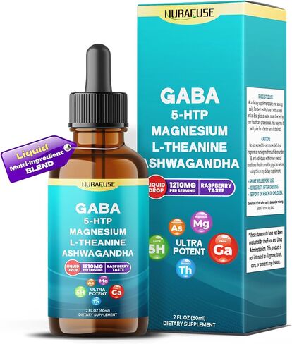 Liposomal GABA, 5-HTP, Magnesium, Theanine, Ashwagandha Liquid Drops – Ultra Potent, Raspberry Taste, USA Made & Lab Tested – 2 FL OZ (60ml) in Kuwait