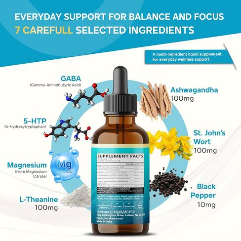 Liposomal GABA, 5-HTP, Magnesium, Theanine, Ashwagandha Liquid Drops – Ultra Potent, Raspberry Taste, USA Made & Lab Tested – 2 FL OZ (60ml) in Kuwait