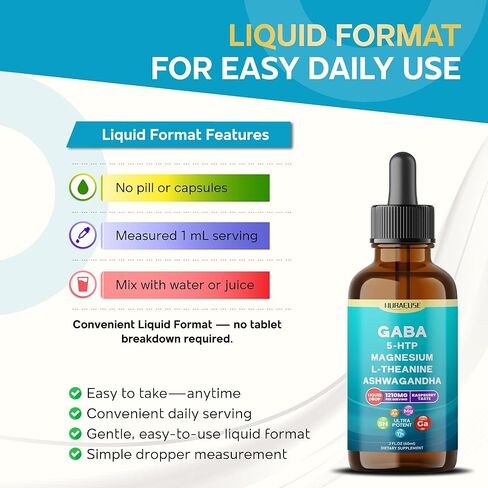 Liposomal GABA, 5-HTP, Magnesium, Theanine, Ashwagandha Liquid Drops – Ultra Potent, Raspberry Taste, USA Made & Lab Tested – 2 FL OZ (60ml) in Kuwait