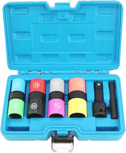 Lug Nut Socket Set 1/2" Drive Impact Half Size SAE Metric 17 17.5 18.5 19.5 19 21 21.5 22 22.5mm 3/4, 13/16, 7/8, 15/16 In. Wheel Lug Nut Remove Thin Wall Non Marring Flip Socket Set with Extension in Saudi Arabia