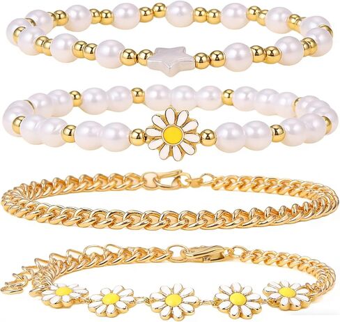 Daisy Flower Bracelets 4Pcs Pearl Beaded Flower Bracelet Gold Boho Daisy Layered Bracelet Set Blossom Bracelets Jewelry for Women in Saudi Arabia