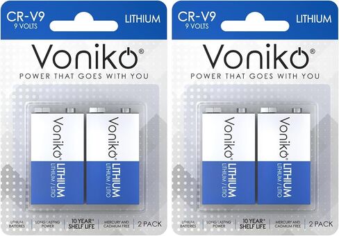بطاريات ليثيوم Voniko 9 فولت 2 حزمة - بطاريات ليثيوم 9 فولت - بطاريات كاشف الدخان طويلة العمر 10 سنوات صلاحية - بطارية 9 فولت لأجهزة إنذار الدخان والمعدات الطبية in Kuwait